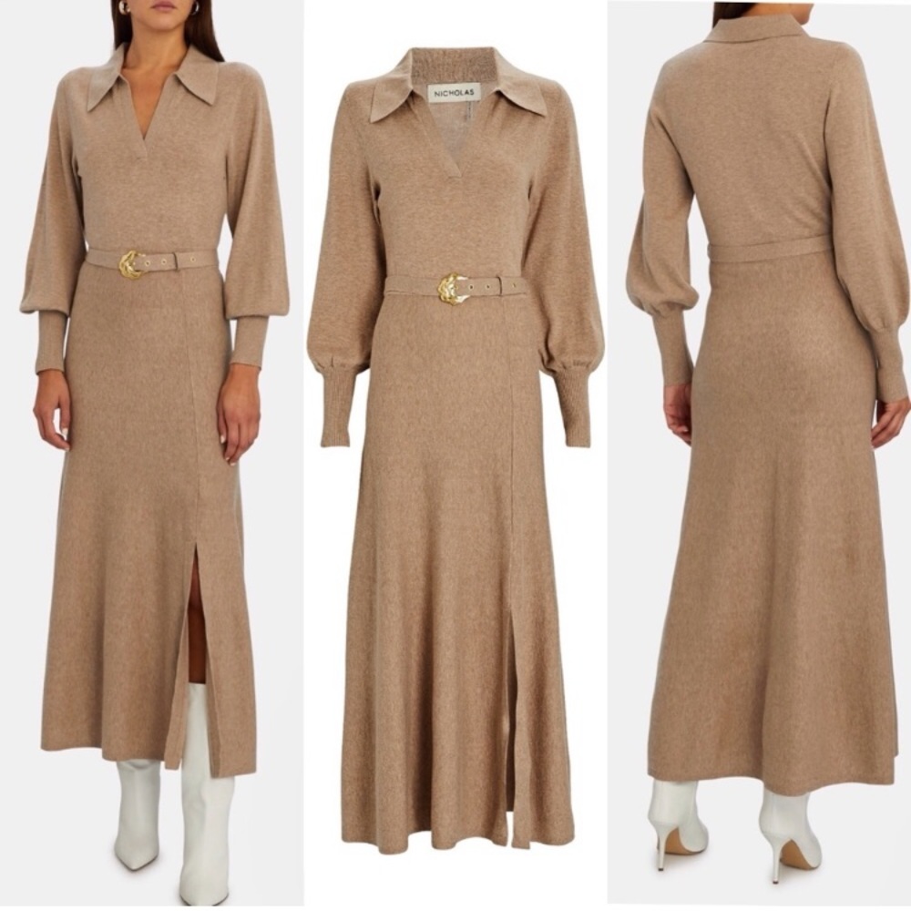 Nicholas Katya sweater knit cotton wool maxi dress Oatmeal tan beige sz S